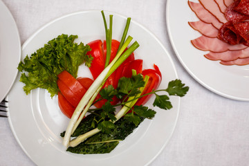Chopped red and green peppers on a white plate with a chopped red onion isolated on a white