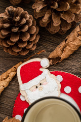 Handmade Santa Claus Mug Mat, on Brown Wooden Background