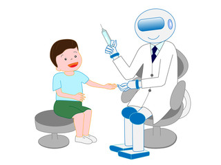 人工知能を持ったロボットの医者が患者に注射をしている。