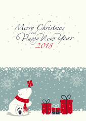 Depicts a seated little polar bear with gift box on the nose. The white Polar bear with the red scarf. Phrase merry Christmas and a happy New year ,numbers 2,0,1,8 on the white background.