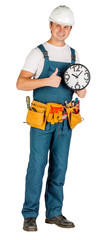 Full length portrait of a male builder in with helmet  over white wall background. repair, construction, building, people and maintenance concept.