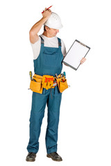 Full length portrait of a male builder in with helmet  over white wall background. repair, construction, building, people and maintenance concept.