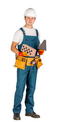 Full length portrait of a male builder in with helmet  over white wall background. repair, construction, building, people and maintenance concept.