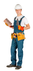 Full length portrait of a male builder in with helmet  over white wall background. repair, construction, building, people and maintenance concept.