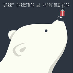 The cover design. Depicts face little polar bear with gift box. Phrase merry Christmas and a happy New year on dark background.
