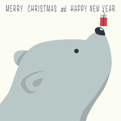 The cover design. Depicts face little polar bear with gift box. Phrase merry Christmas and a happy New year on white background.
