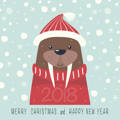 The cover design. Depicts a walrus on a hat and red sweater. The phrase merry Christmas and a happy New year and number 2,0,1,8 on the blue background.