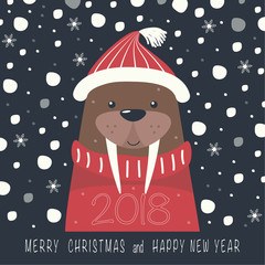The cover design. Depicts a walrus on a hat and red sweater. The phrase merry Christmas and a happy New year and number 2,0,1,8 on the dark background.