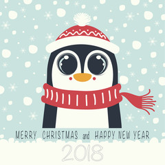 The cover design. Depicts a penguin in a hat and a scarf. In the bottom of the image the phrase merry Christmas and happy new year on the blue background and number 2,0,1,8