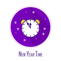 Icon with alarm clock in a coloured circle. Thin line flat design.New Year card. Vector.