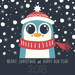 The cover design. Depicts a penguin in a hat and a scarf. In the bottom of the image the phrase merry Christmas and happy new year on the dark background and number 2,0,1,8