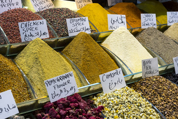 Spices sweets tea herbs on the shelves of the Egyptian bazaar in Turkey in Istanbul.