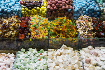 Spices sweets tea herbs on the shelves of the Egyptian bazaar in Turkey in Istanbul.
