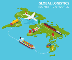 Global Logistic Isometric Vehicle Infographic. Ship Cargo Truck Van Logistics Service. Import Export Chain. Ensured Deliveries Drawing. Distribute Objects Shipment Vector. Fast Delivery Shipping