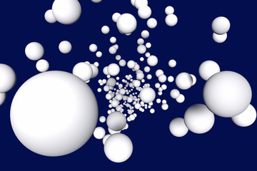 3d-Illustration von zahlreichen, schwebenden, weißen Kugeln mit dunkelblauem Hintergrund
