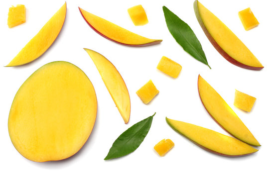 mango slice with green leaves isolated on white background. top view