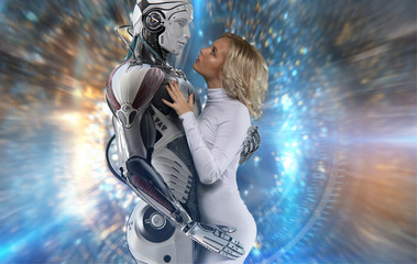 Human and robot relationship concept, attractive blue-eyed blonde wearing white bodysuit, gently...