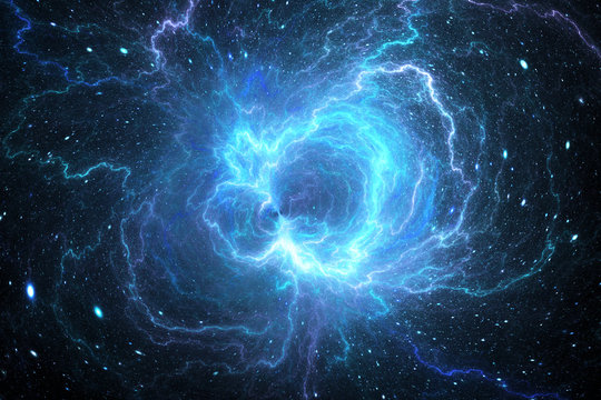 Blue glowing giant lightning energy field in space
