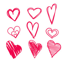 Hand drawn hearts set isolated. Design elements for Valentine's day. Collection of doodle sketch hearts hand drawn with ink. Vector illustration 10 EPS.