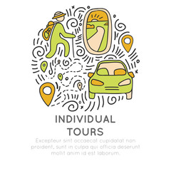 Invividual tours hand draw cartoon vector icon concept. Icon about individual travel, porthole, airplane, car, hikking man in round form with decorative elements. Travelling tour icon concept