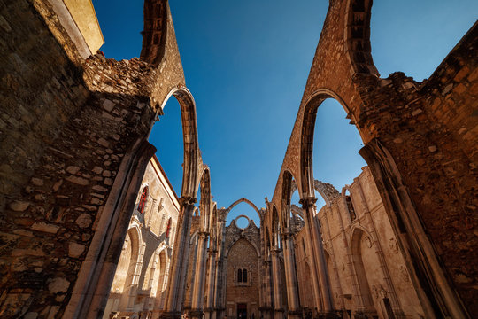 Ultra wide angle shot of the Convento do Carmo, Convent of Our Lady of Mount Carmel, in Lisbon, Portugal. The Gothic Igreja do Carmo bears the scars of the 1755 earthquake which destroyed the downtown