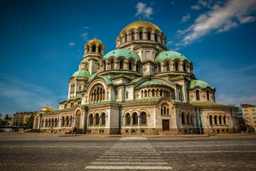Fototapeta na wymiar Wide establishing shot of Neo-Byzantine Orthodox St. Alexander Nevsky Cathedral, Sofia, Bulgaria. The cathedral can hold 10,000 people.