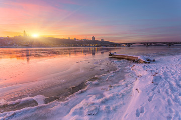 sunset over the river Dnieper on winter