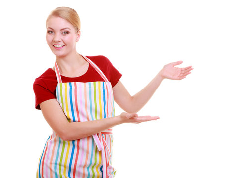 housewife or waitress making inviting welcome gesture kitchen apron isolated