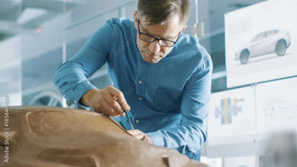 Poster experience automotive designer with a rake sculpts prototype car model from plasticine clay. shot on