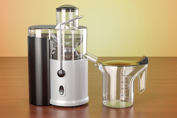 Electric juicer on the wooden table. 3D rendering