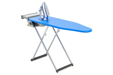 Electric steam iron on the ironing board, 3D rendering