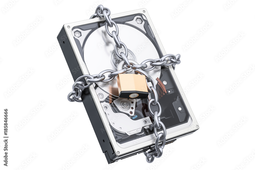 Poster hard disk drive hdd with chain and padlock. security and protection concept, 3d rendering