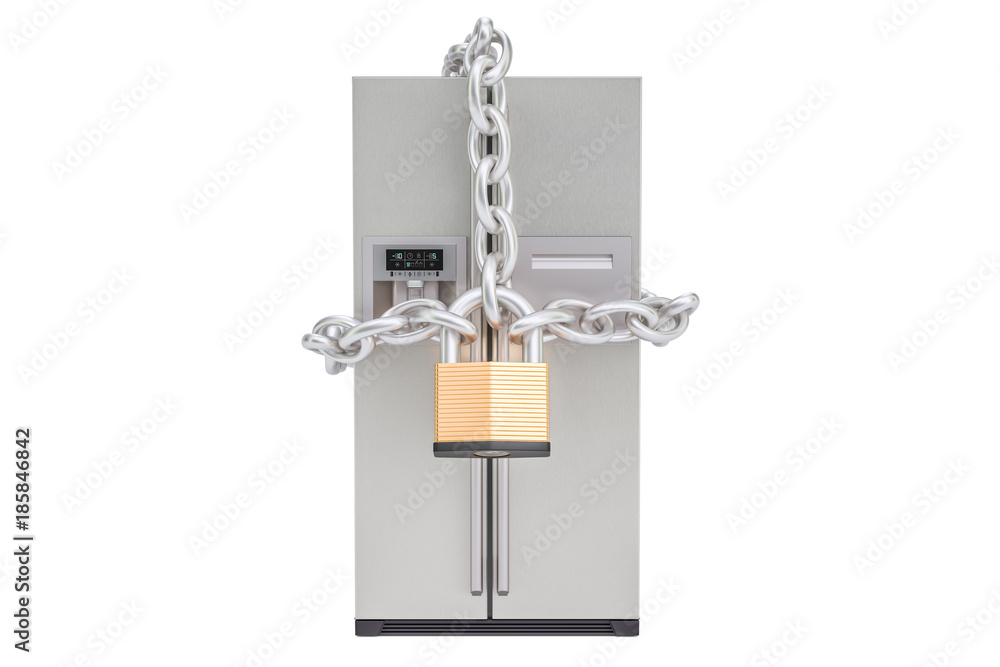 Poster modern fridge with chain and padlock, diet concept. 3d rendering