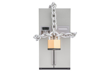 Modern fridge with chain and padlock, diet concept. 3D rendering