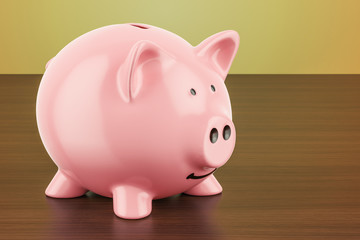 Piggy bank on the wooden table, 3D rendering