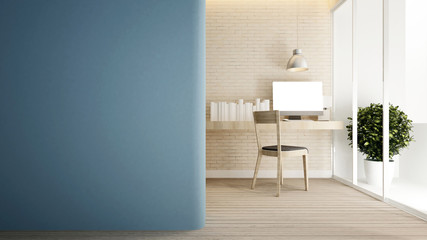 workplace brick wall and empty space blue wall in home or apartment - Interior design for artwork - 3D Rendering