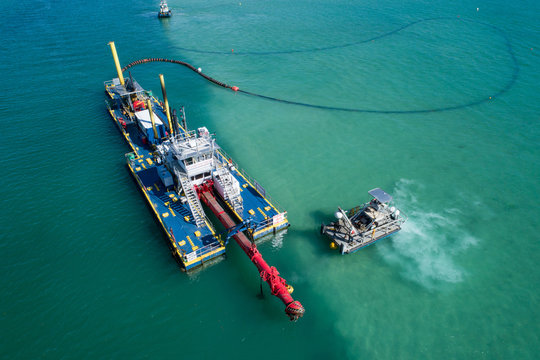 Aerial shot of an industrial barge Miami FL Biscayne Bay
