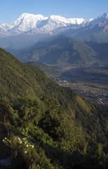 The Himalayas seen from Sarangkot mountain. The Annapurna range is at left. City of Pokhara lies in the valley below.