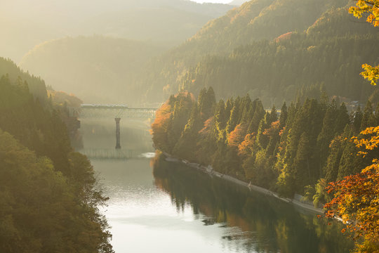 Autumn At Tadami River In Evening