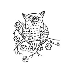 Hand drawn Owl sitting on branch