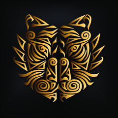 Golden tiger head isolated on black background. Stylized Maori face tattoo. Golden tiger mask. Symbol of Chinese Horoscope by years. Vector illustration.