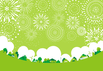 Obraz premium 花火 公園 グリーン背景