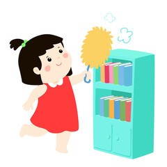 Cute girl wiping the dust from bookshelf vector.