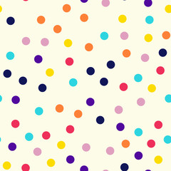 Memphis style polka dots seamless pattern on milk background. Fascinating modern memphis polka dots creative pattern. Bright scattered confetti fall chaotic decor. Vector illustration.