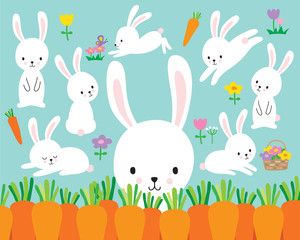 Fototapeta premium Ilustracja wektorowa ładny królik wielkanocny biały i kwiaty.