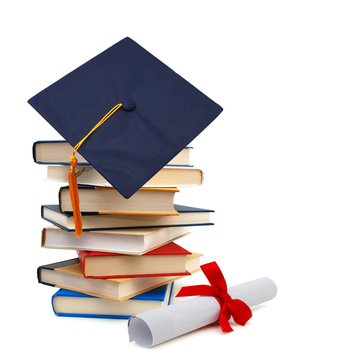 Grad Hat And Diploma With Books Isolated On White