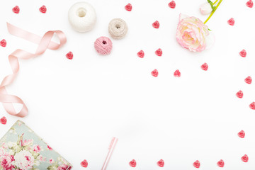 Greeting card with hearts and a flower on a white background. Copy sapce