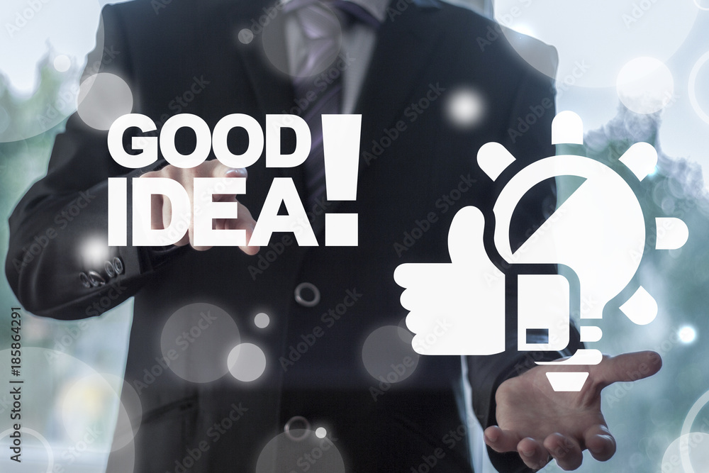 Poster good idea success solution business concept. goodea imagination problem solving. businessman using v