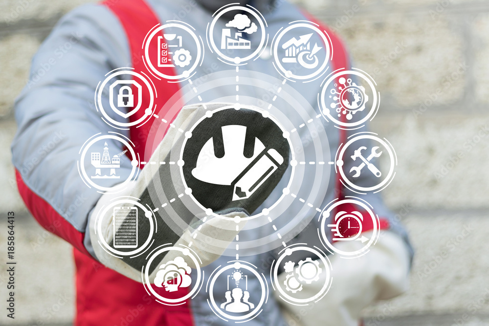 Poster agile development industry concept. industrial engineer using virtual touchscreen presses hard hat p