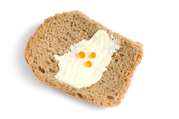 The poor slice of bread with a small amount of butter and red caviar